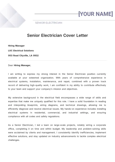Free Senior Electrician Cover Letter to Edit Online