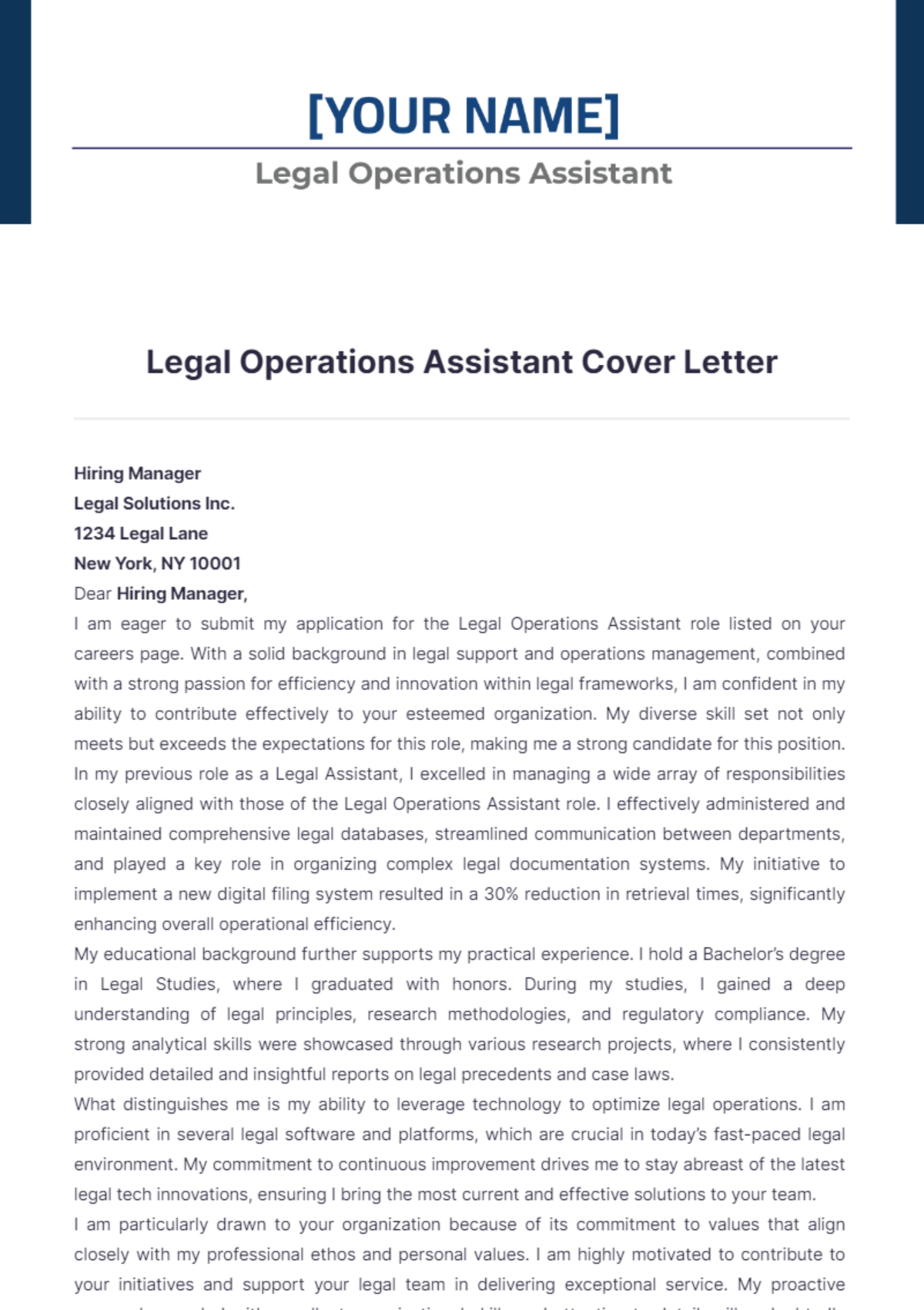 Legal Operations Assistant Cover Letter - Edit Online & Download