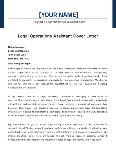 Free Legal Operations Assistant Cover Letter to Edit Online