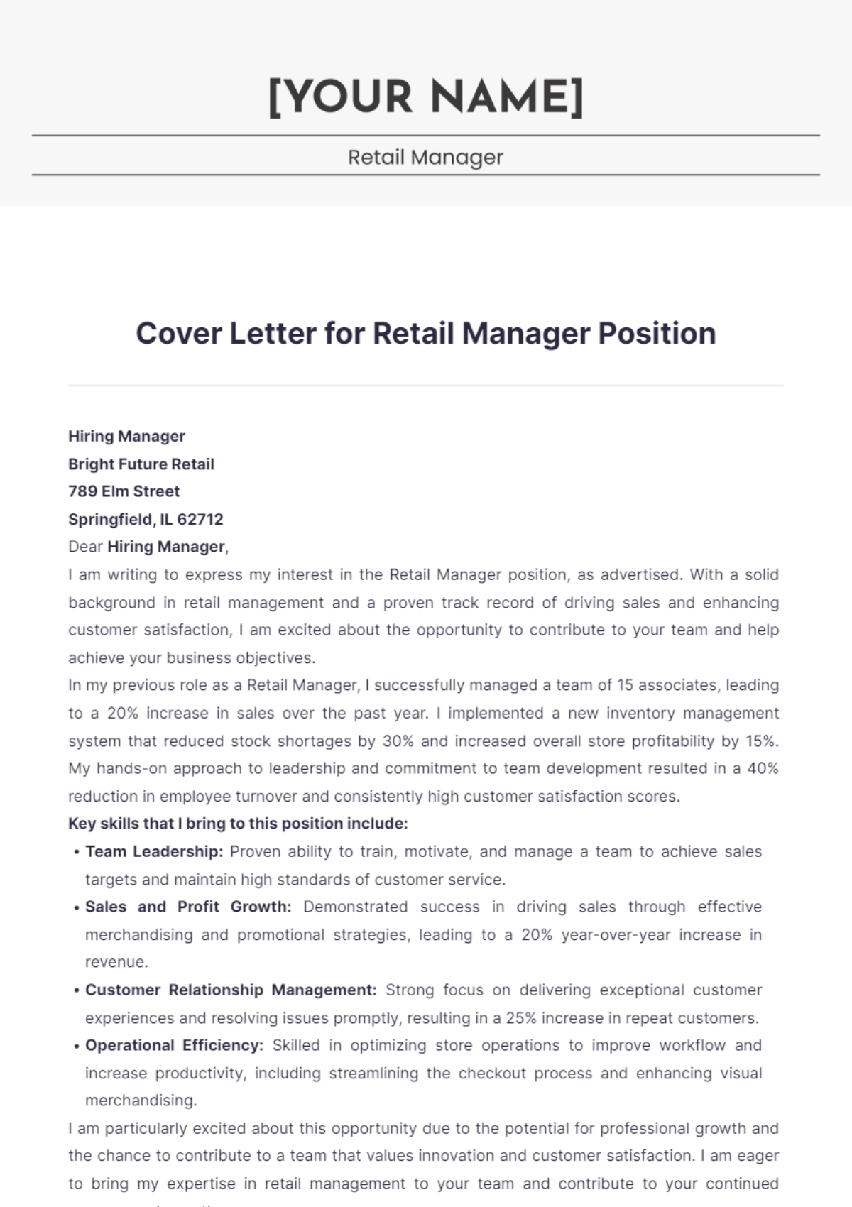 Cover Letter for Retail Manager Position - Edit Online & Download