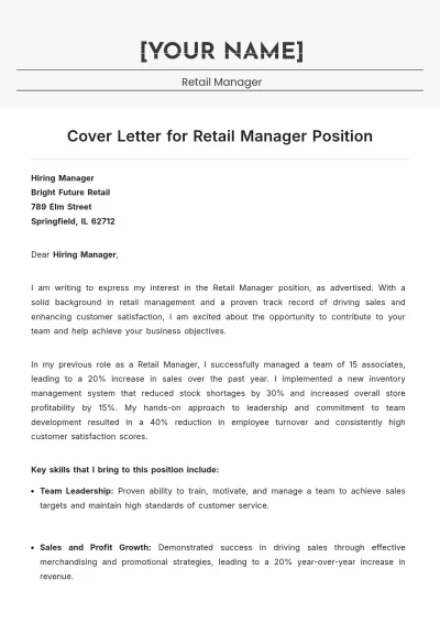 Free Cover Letter for Retail Manager Position to Edit Online