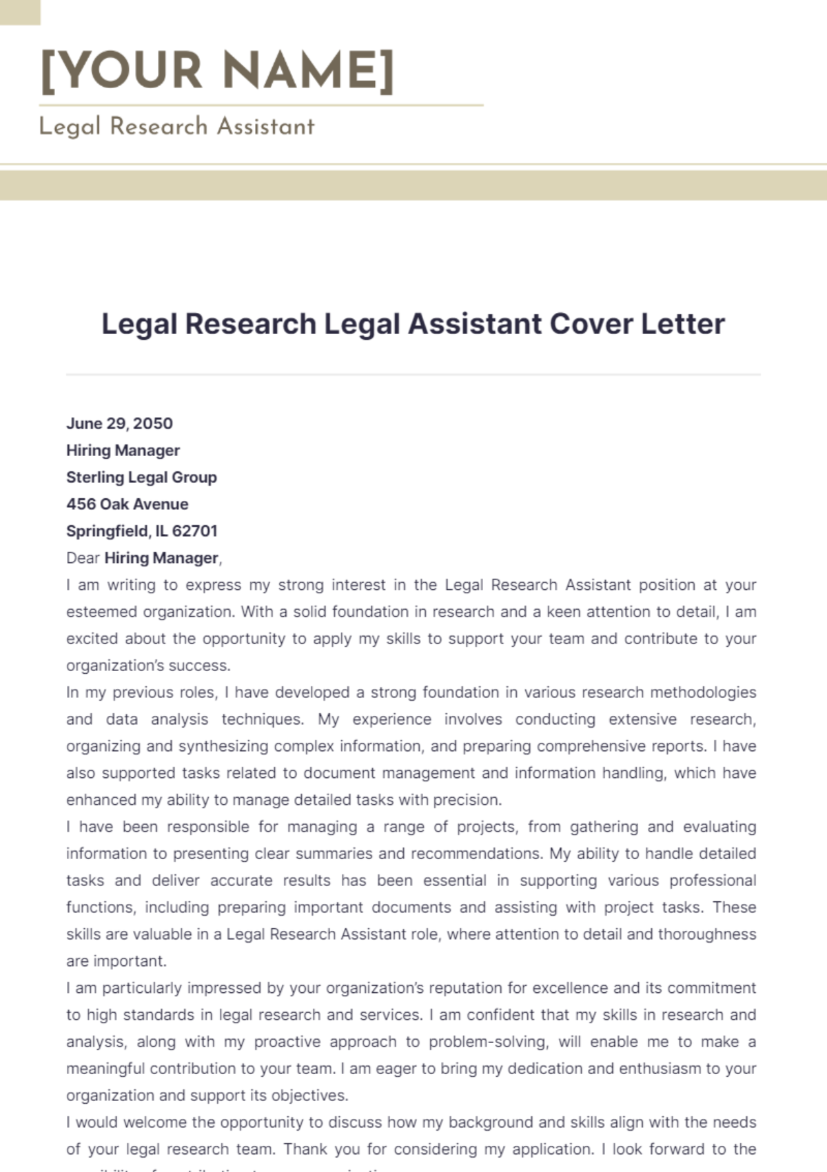 Legal Research Legal Assistant Cover Letter - Edit Online & Download