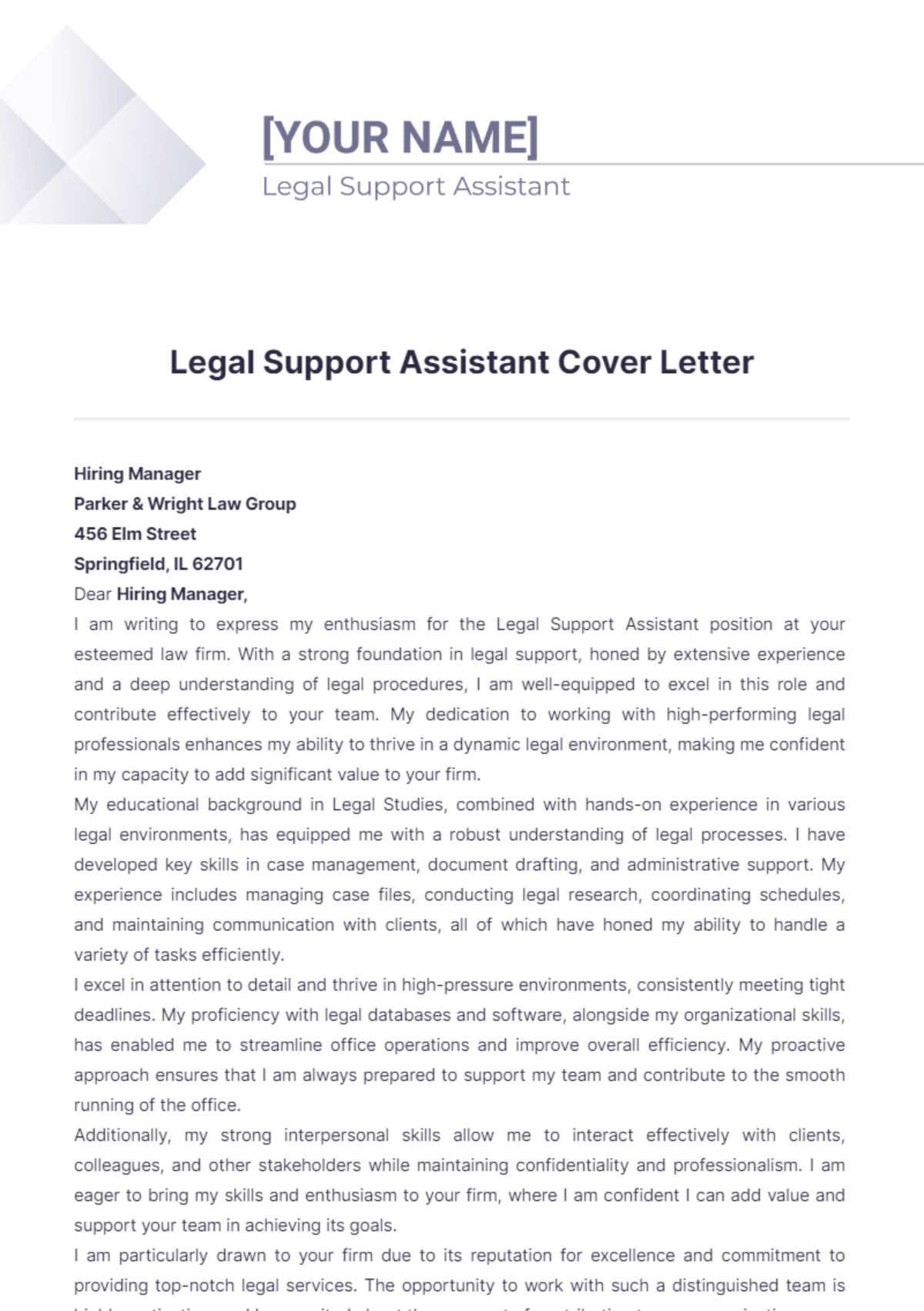 Legal Support Assistant Cover Letter - Edit Online & Download