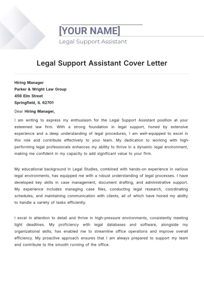Free Legal Support Assistant Cover Letter to Edit Online