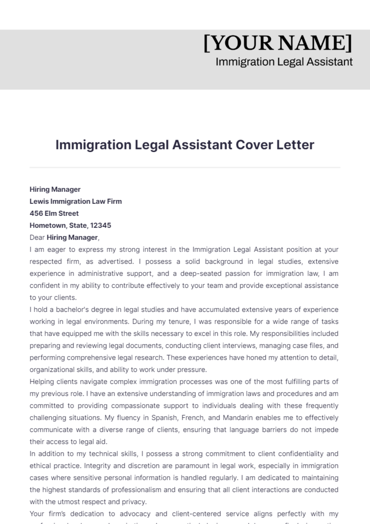 Immigration Legal Assistant Cover Letter - Edit Online & Download