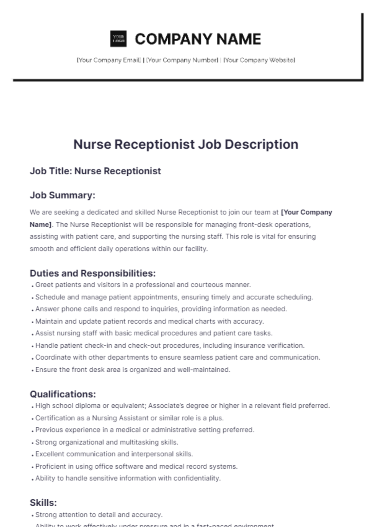 Nurse Receptionist Job Description Template - Edit Online & Download