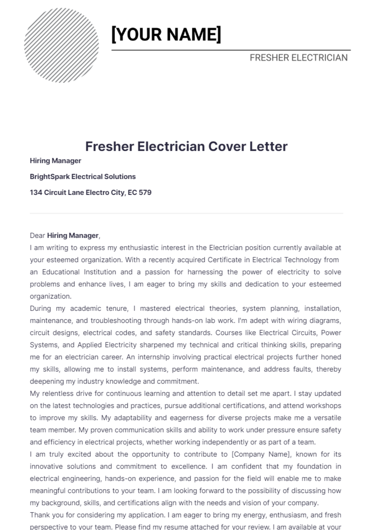 Fresher Electrician Cover Letter - Edit Online & Download