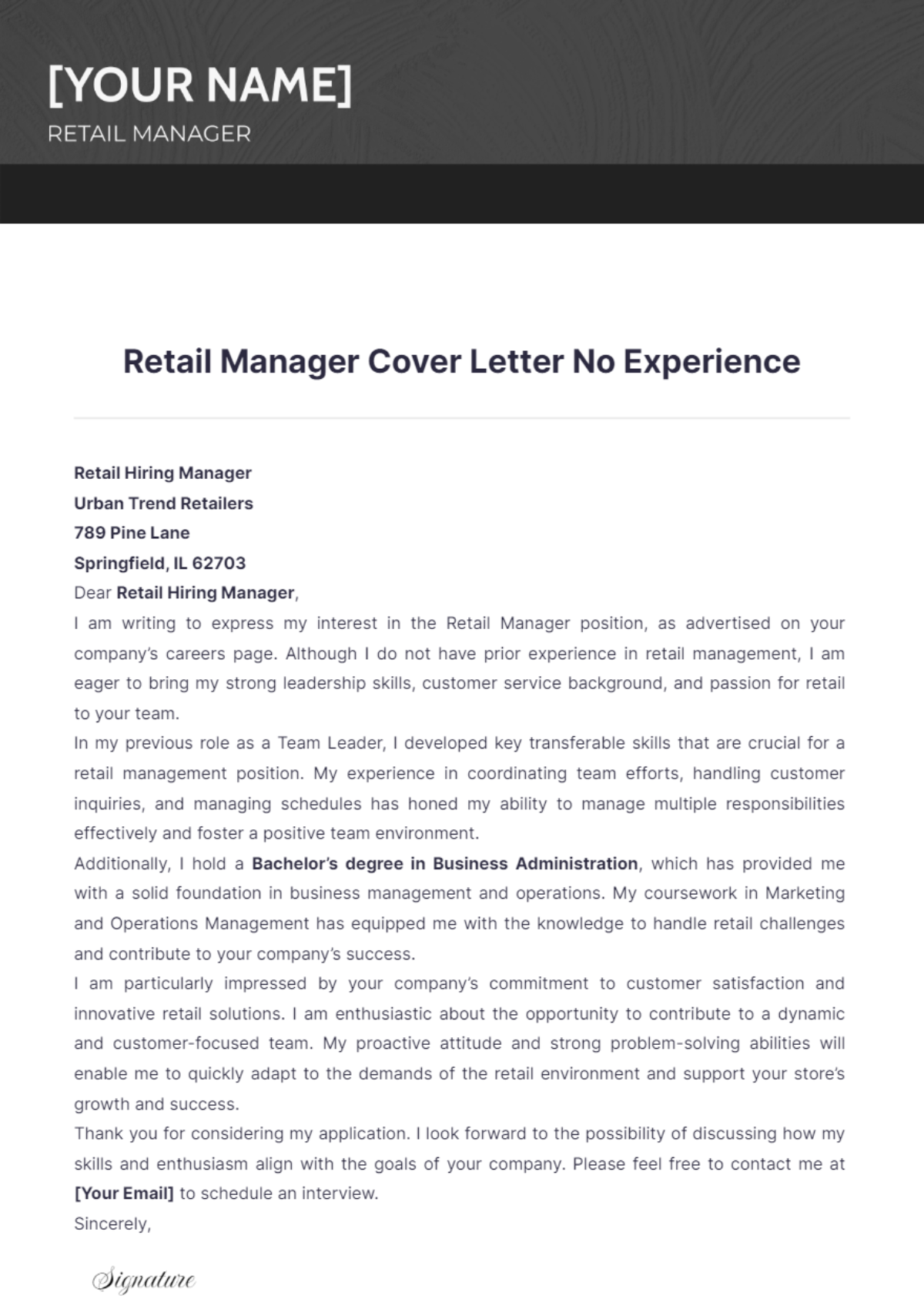 Retail Manager Cover Letter No Experience - Edit Online & Download