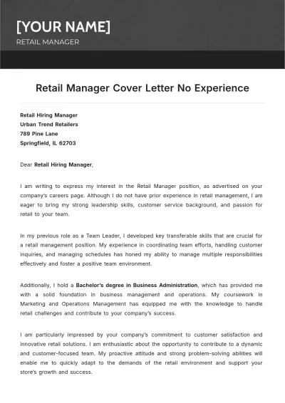 Free Retail Manager Cover Letter No Experience to Edit Online