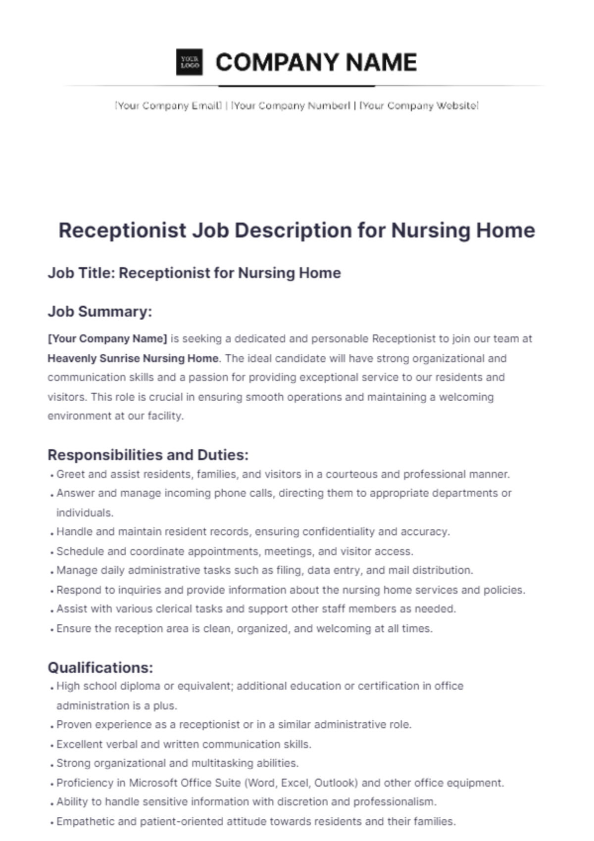 Receptionist Job Description for Nursing Home Template - Edit Online & Download