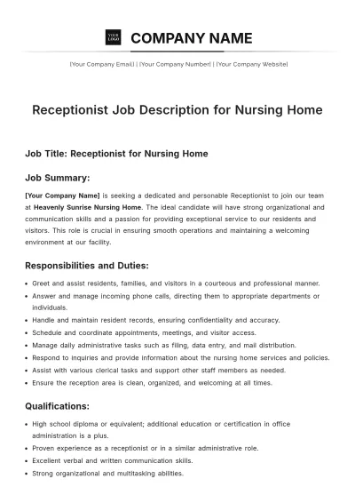 Free Receptionist Job Description for Nursing Home Template to Edit Online