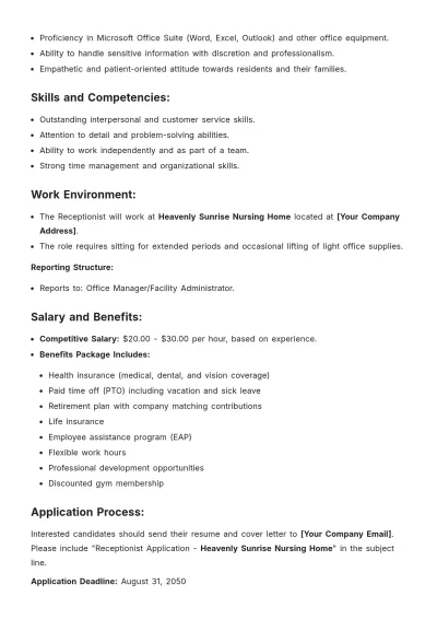 Free Receptionist Job Description for Nursing Home Template to Edit Online