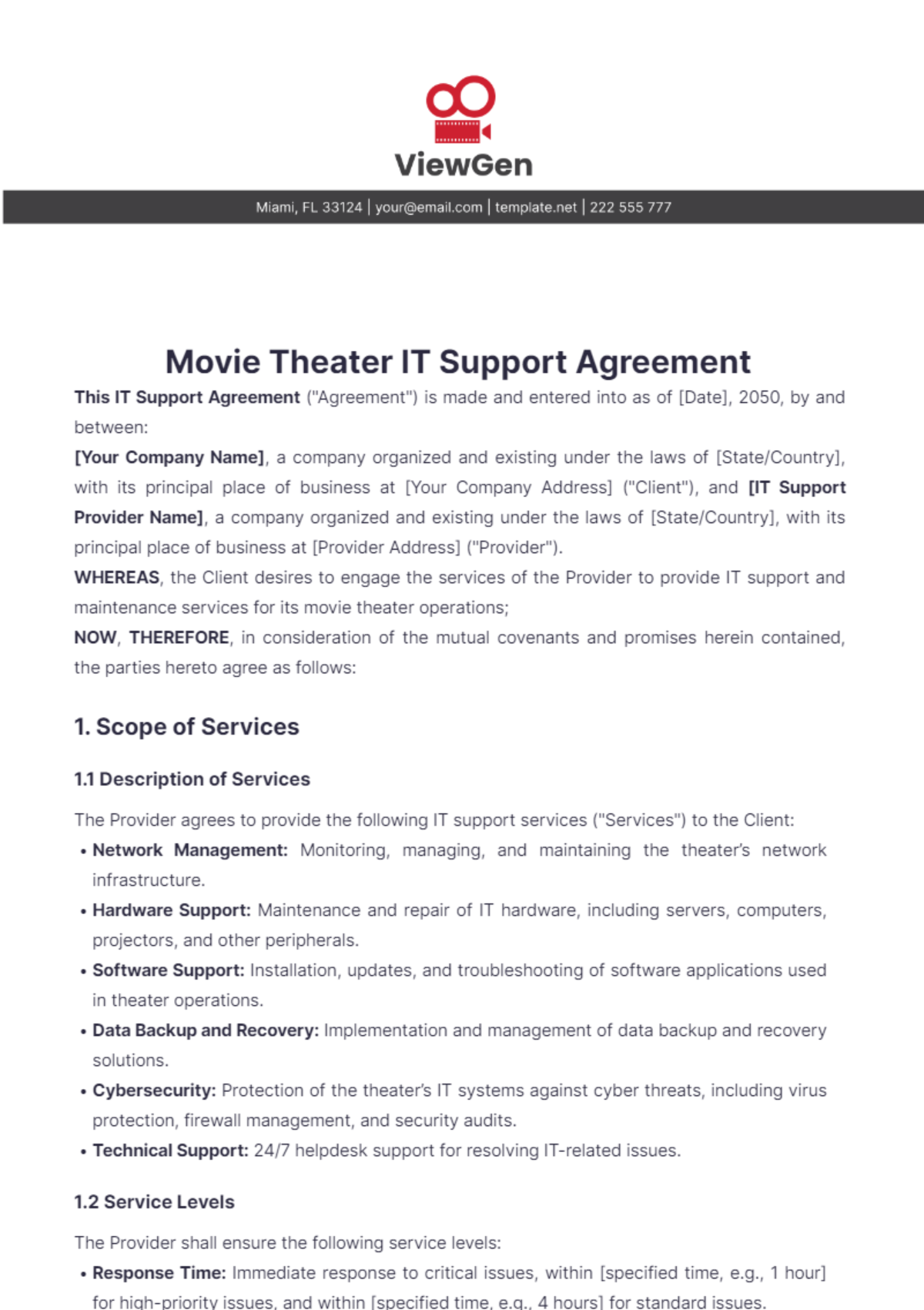 Movie Theater IT Support Agreement Template - Edit Online & Download