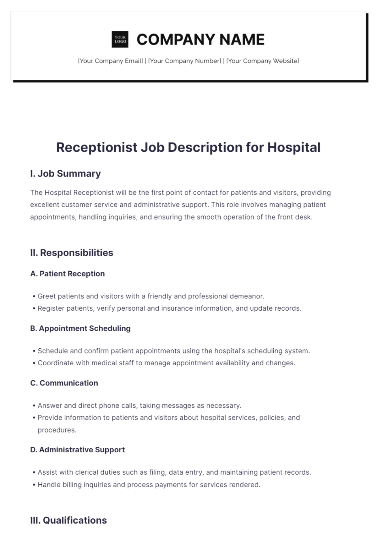 Receptionist Job Description for Hospital Template - Edit Online & Download