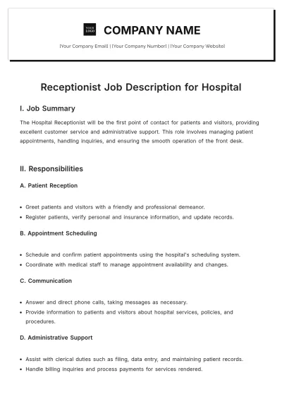 Free Receptionist Job Description for Hospital Template to Edit Online