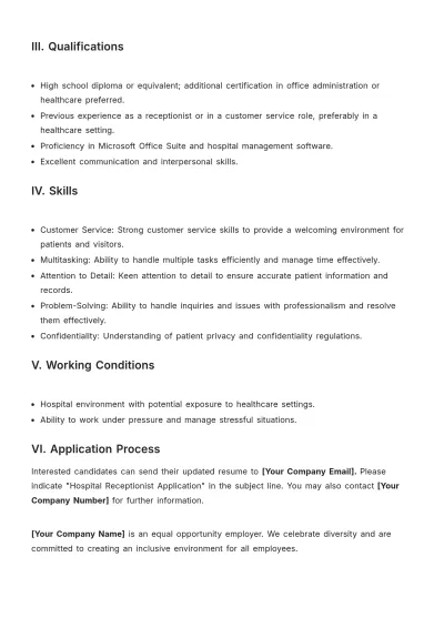Free Receptionist Job Description for Hospital Template to Edit Online