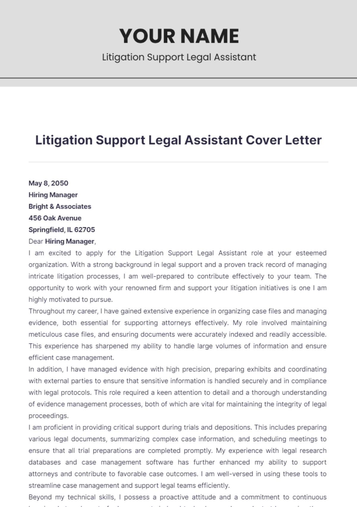 Litigation Support Legal Assistant Cover Letter - Edit Online & Download