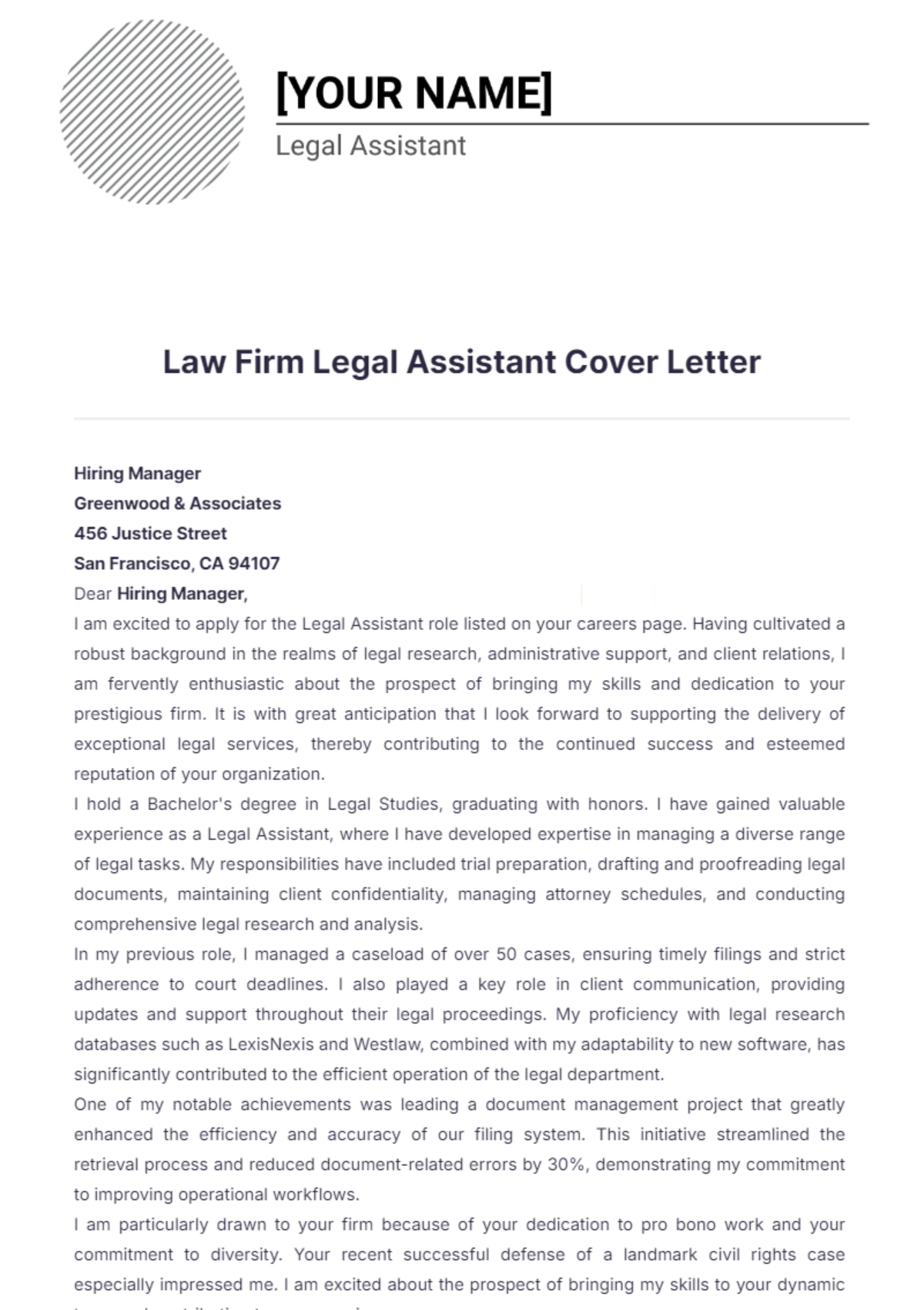 Law Firm Legal Assistant Cover Letter - Edit Online & Download