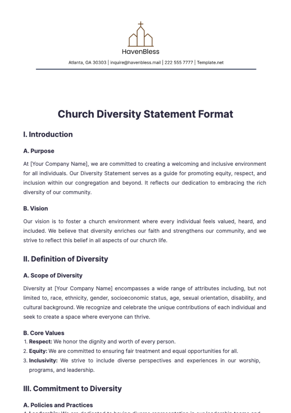 Church Diversity Statement Format Template - Edit Online & Download