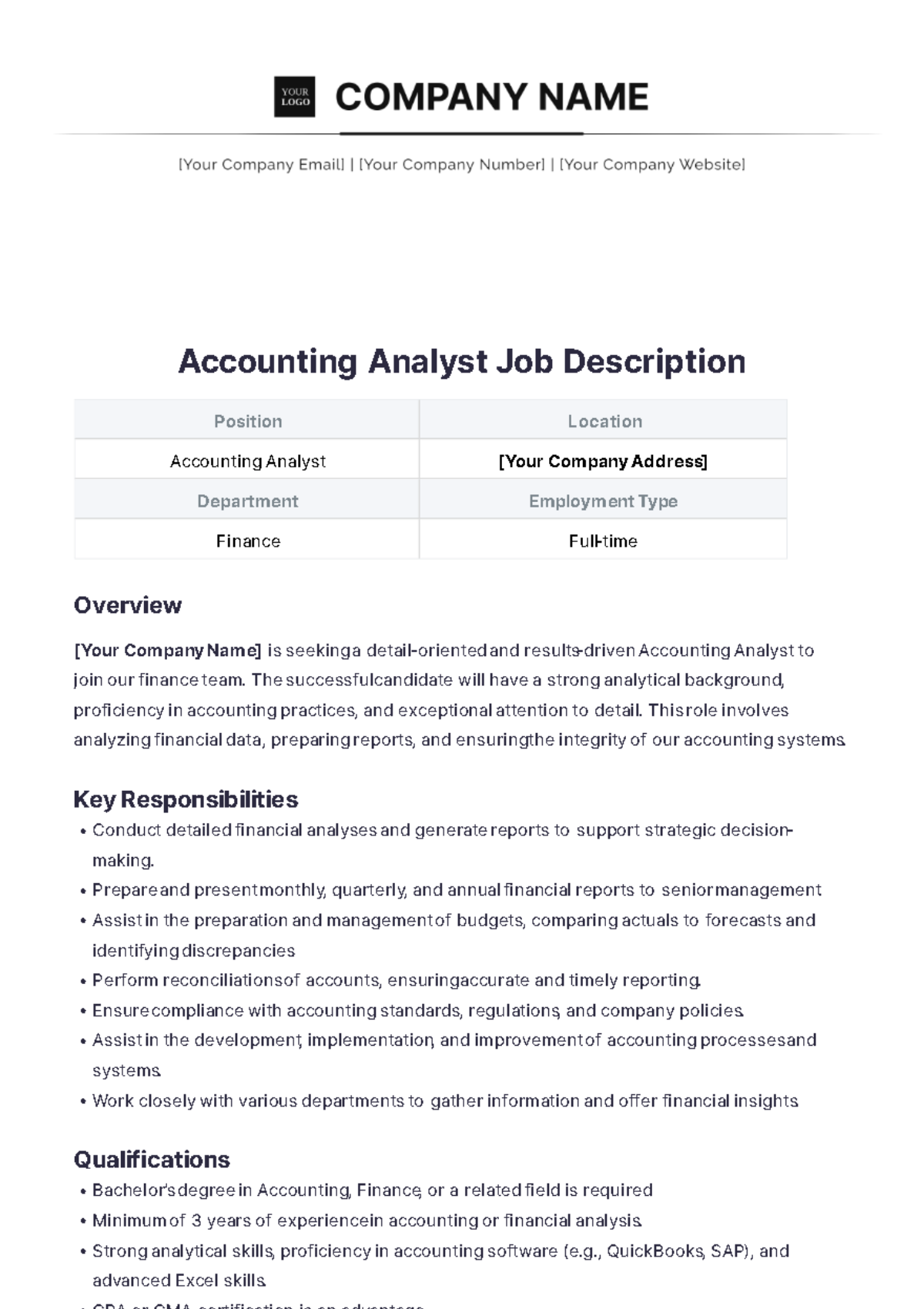 Accounting Analyst Job Description Template - Edit Online & Download