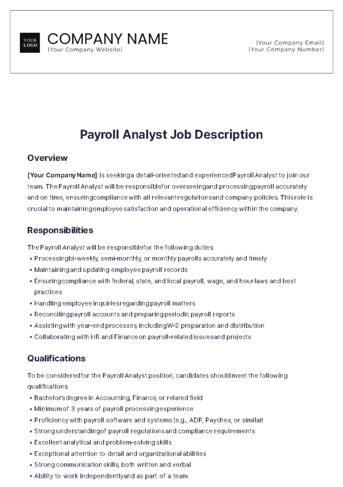 Payroll Analyst Job Description Template - Edit Online & Download