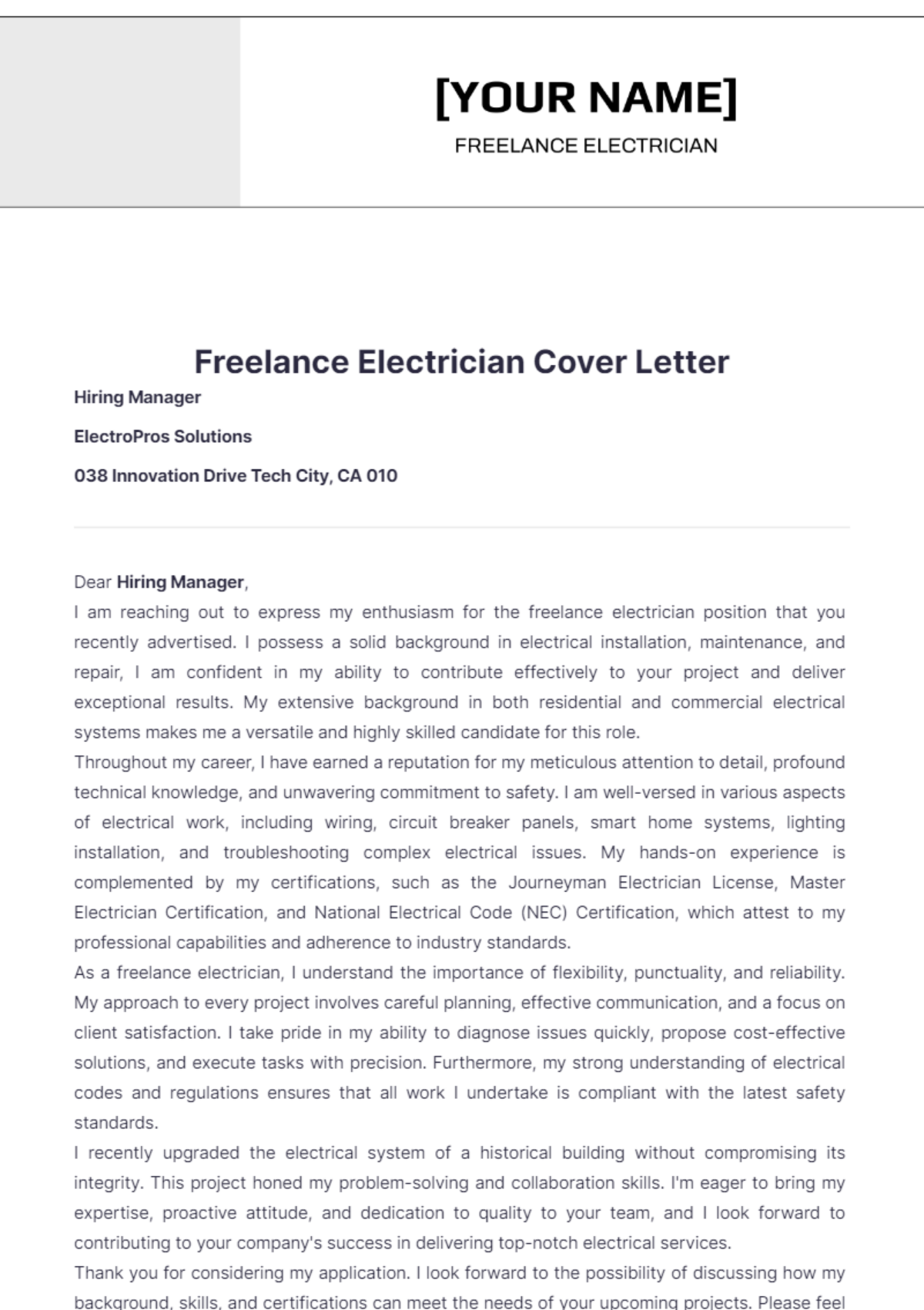 Freelance Electrician Cover Letter - Edit Online & Download