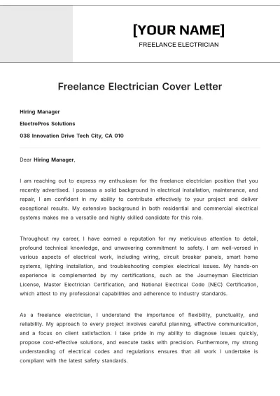Free Freelance Electrician Cover Letter to Edit Online