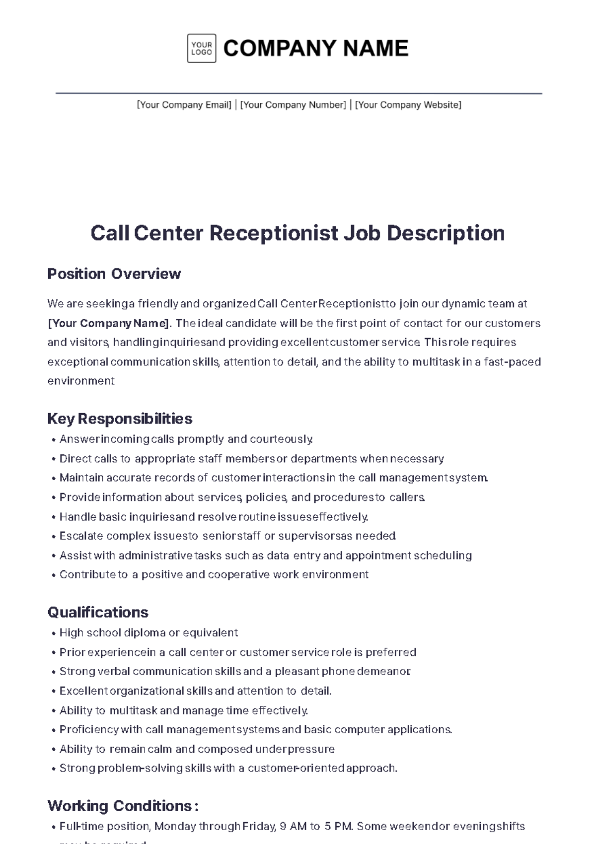 Call Center Receptionist Job Description Template - Edit Online & Download