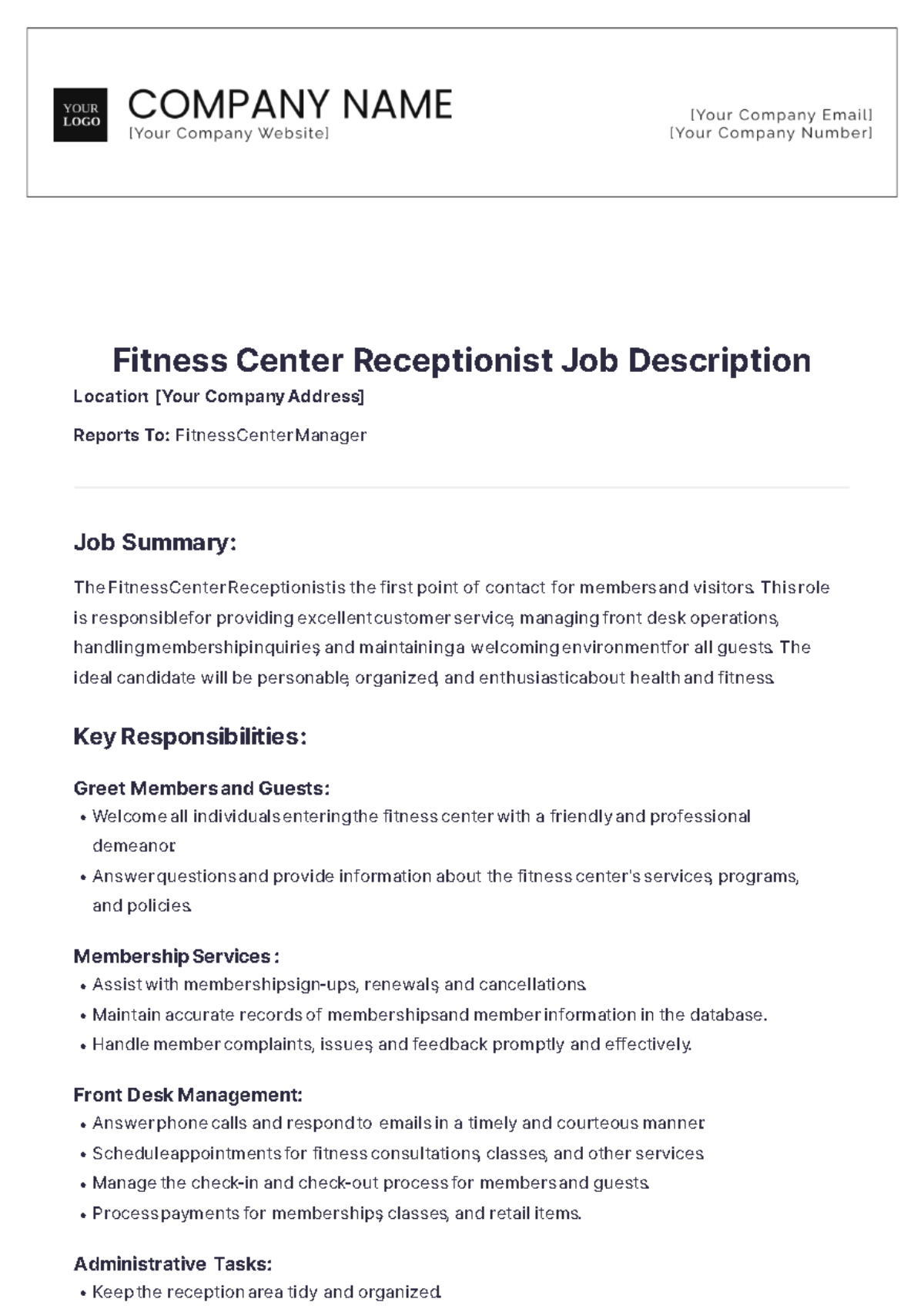 Fitness Center Receptionist Job Description Template - Edit Online & Download