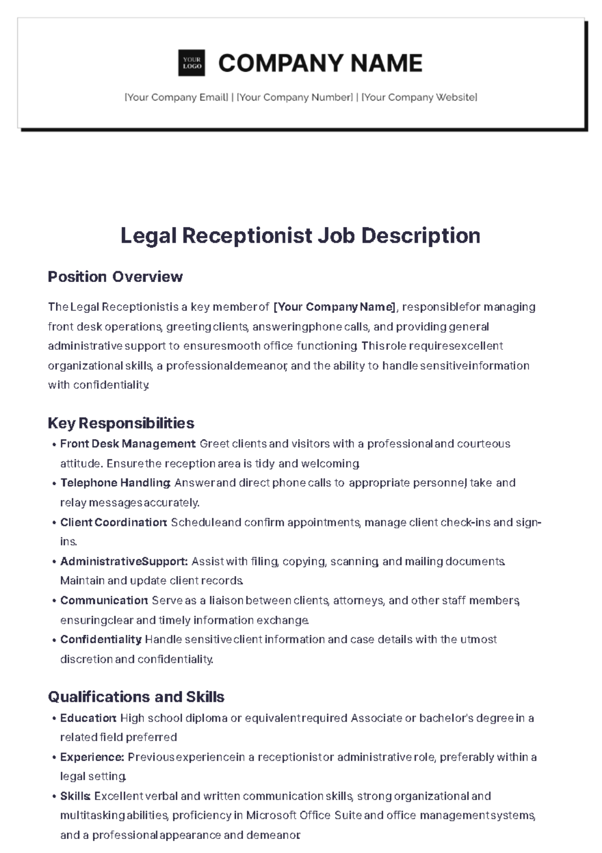 Legal Receptionist Job Description Template - Edit Online & Download