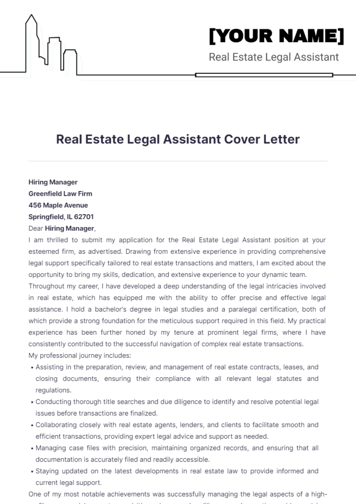 Real Estate Legal Assistant Cover Letter - Edit Online & Download