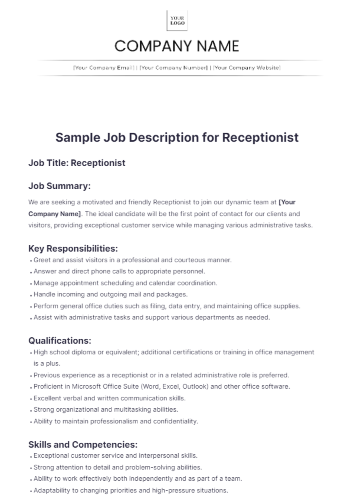 Sample Job Description for Receptionist Template - Edit Online & Download