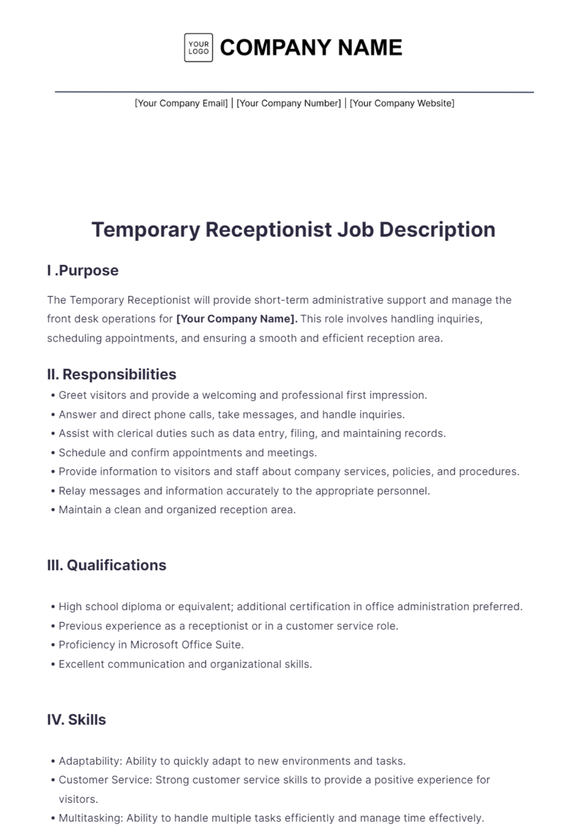 Temporary Receptionist Job Description Template - Edit Online & Download