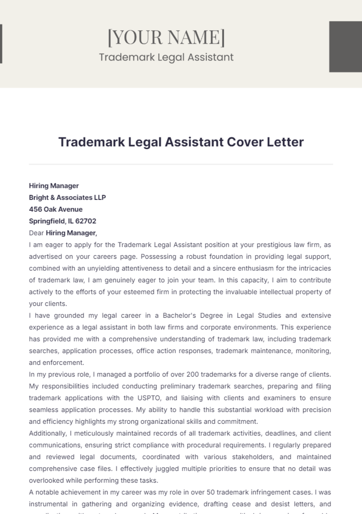 Trademark Legal Assistant Cover Letter - Edit Online & Download