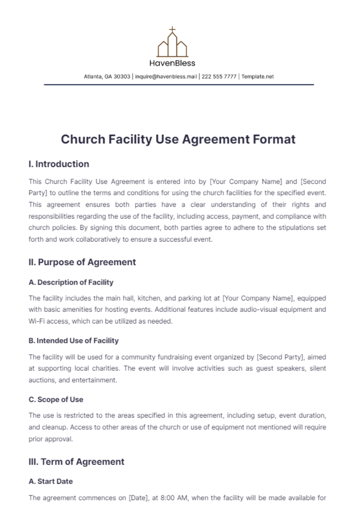 Church Facility Use Agreement Format Template - Edit Online & Download