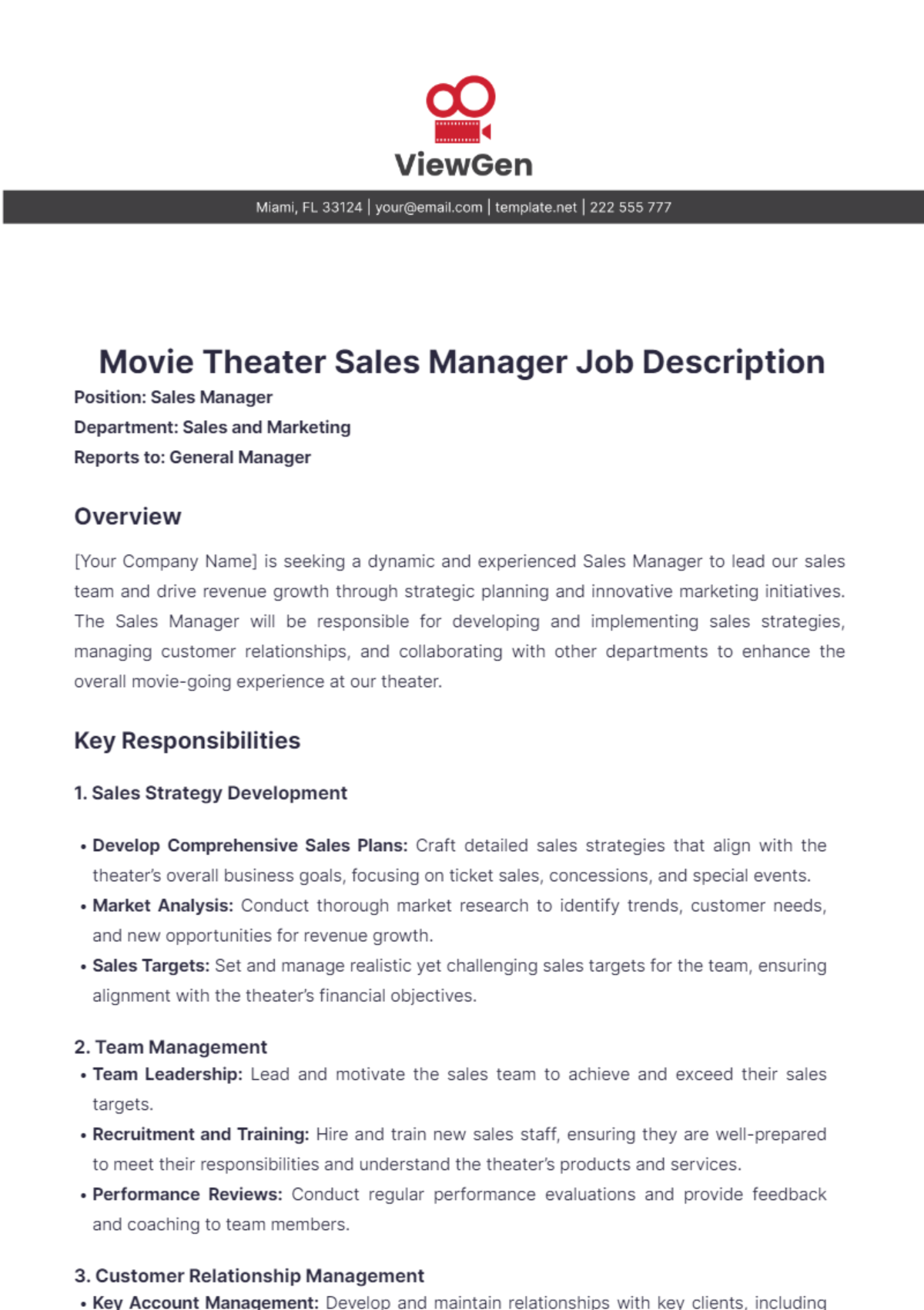 Movie Theater Sales Manager Job Description Template - Edit Online & Download