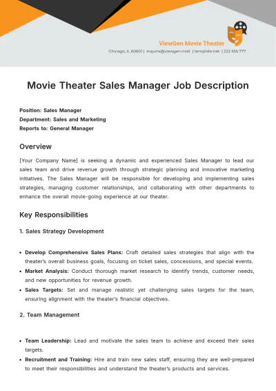 Free Movie Theater Sales Manager Job Description Template to Edit Online
