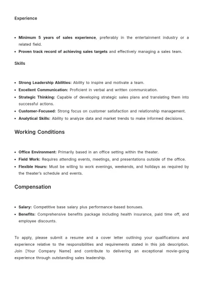 Free Movie Theater Sales Manager Job Description Template to Edit Online