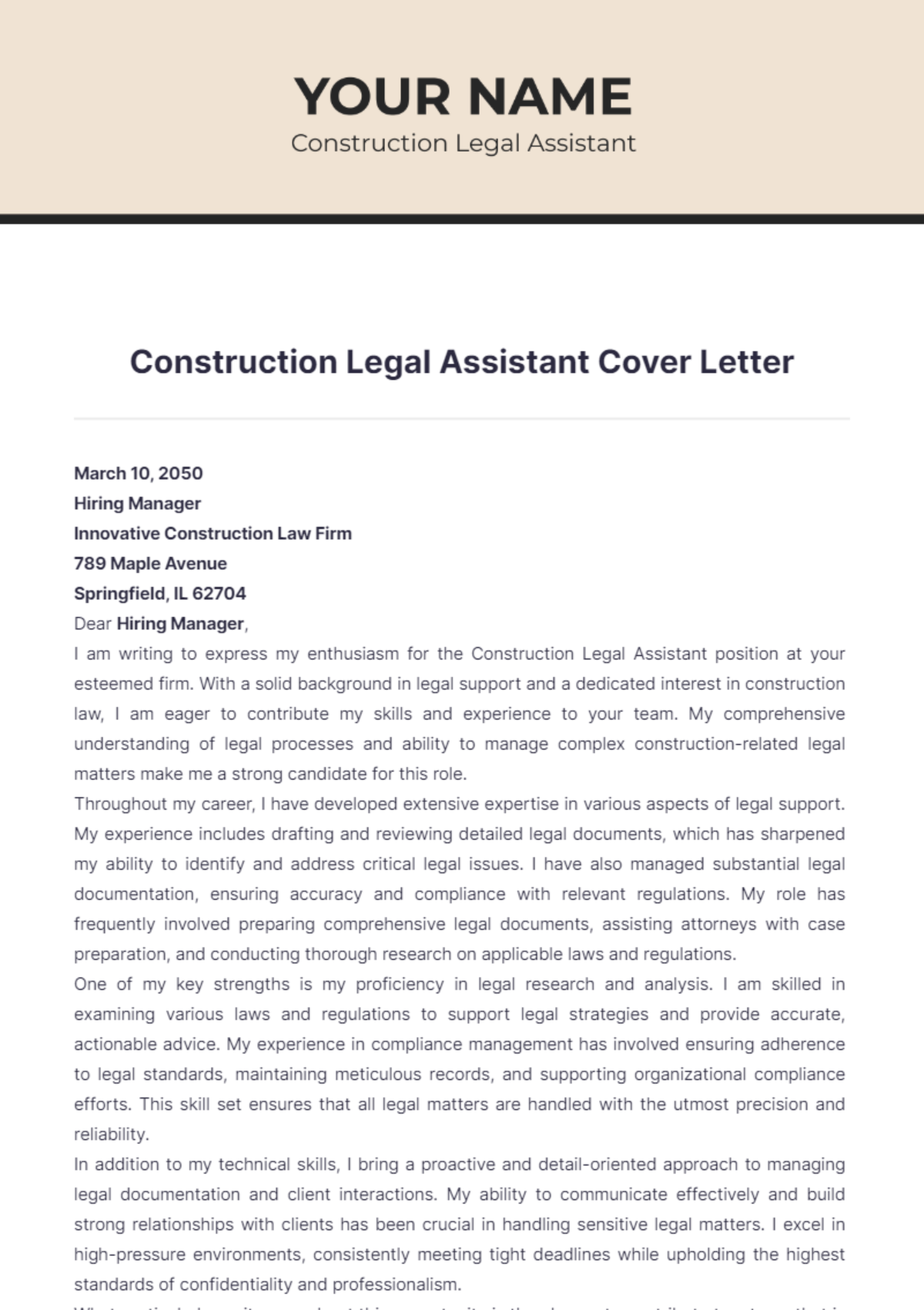 Construction Legal Assistant Cover Letter - Edit Online & Download