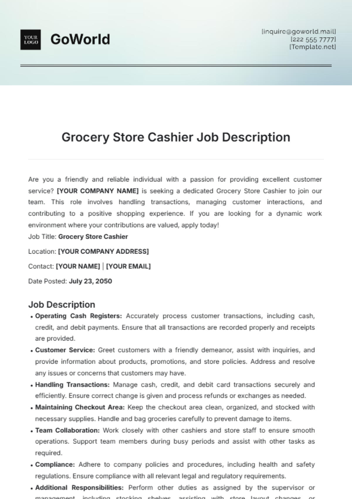 Grocery Store Cashier Job Description Template - Edit Online & Download