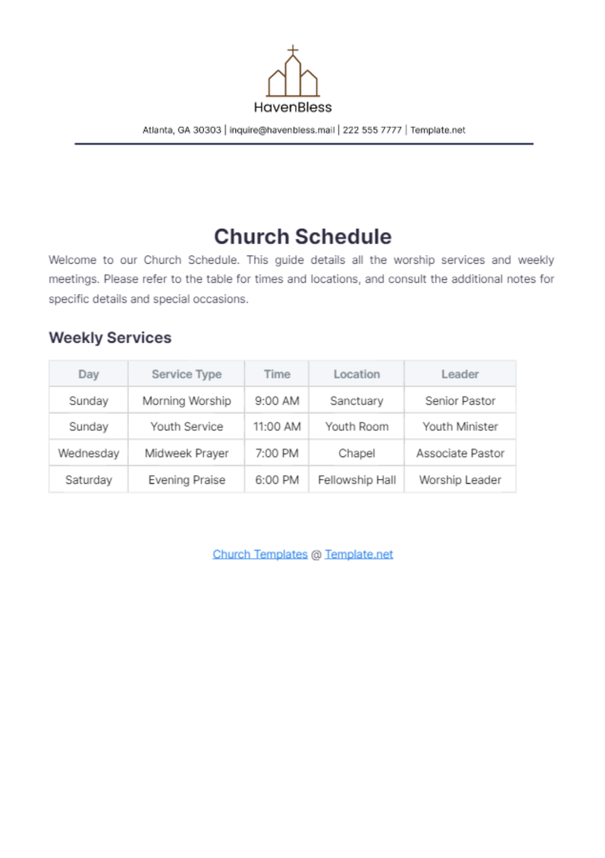 Free Church Schedule Template to Edit Online