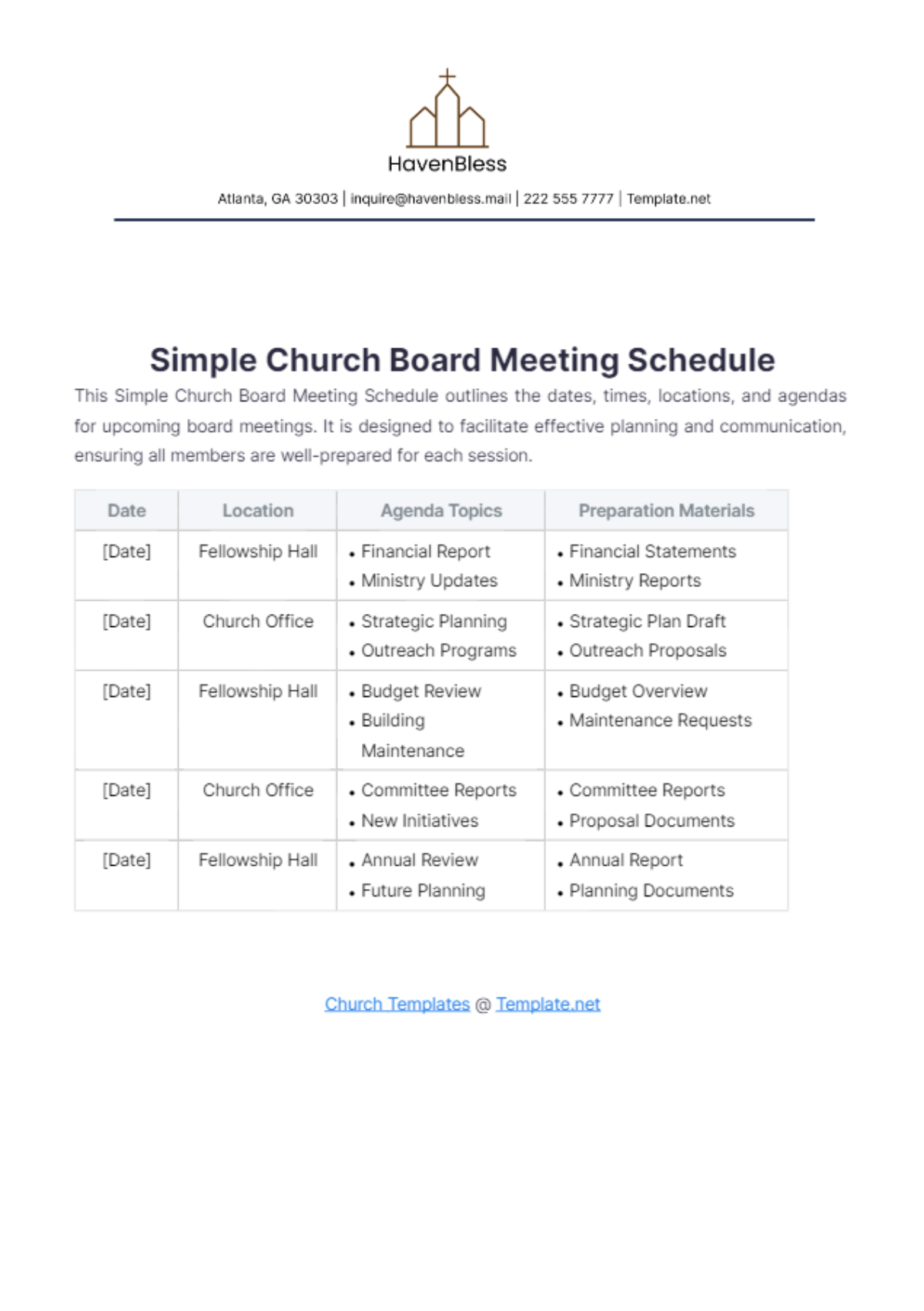 Simple Church Board Meeting Schedule Template - Edit Online & Download