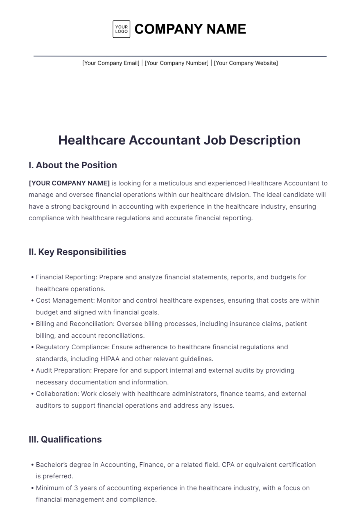 Healthcare Accountant Job Description Template - Edit Online & Download