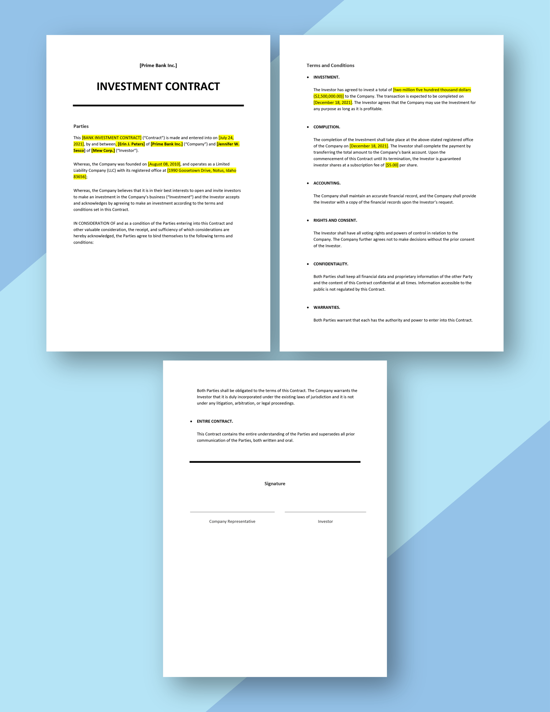 Bank Investment Contract Template