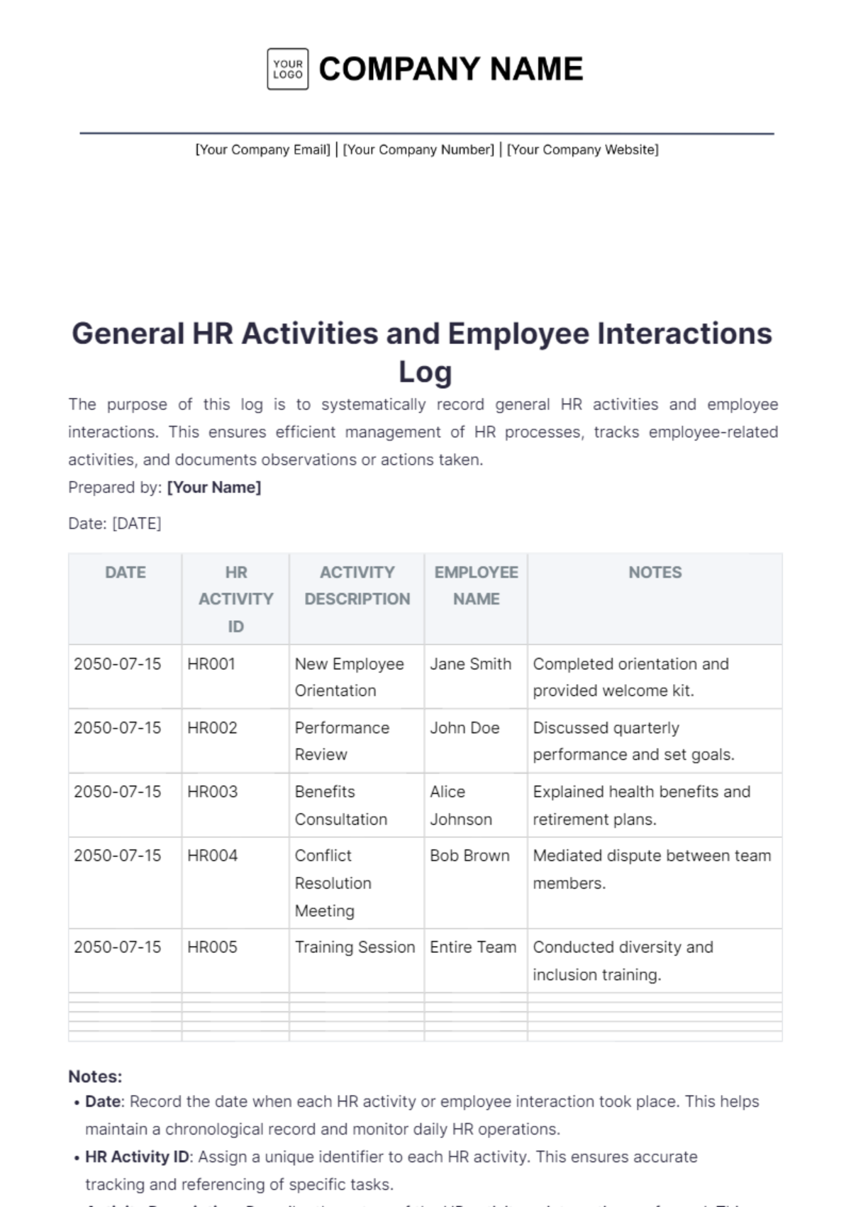 HR Log Notebook Template - Edit Online & Download