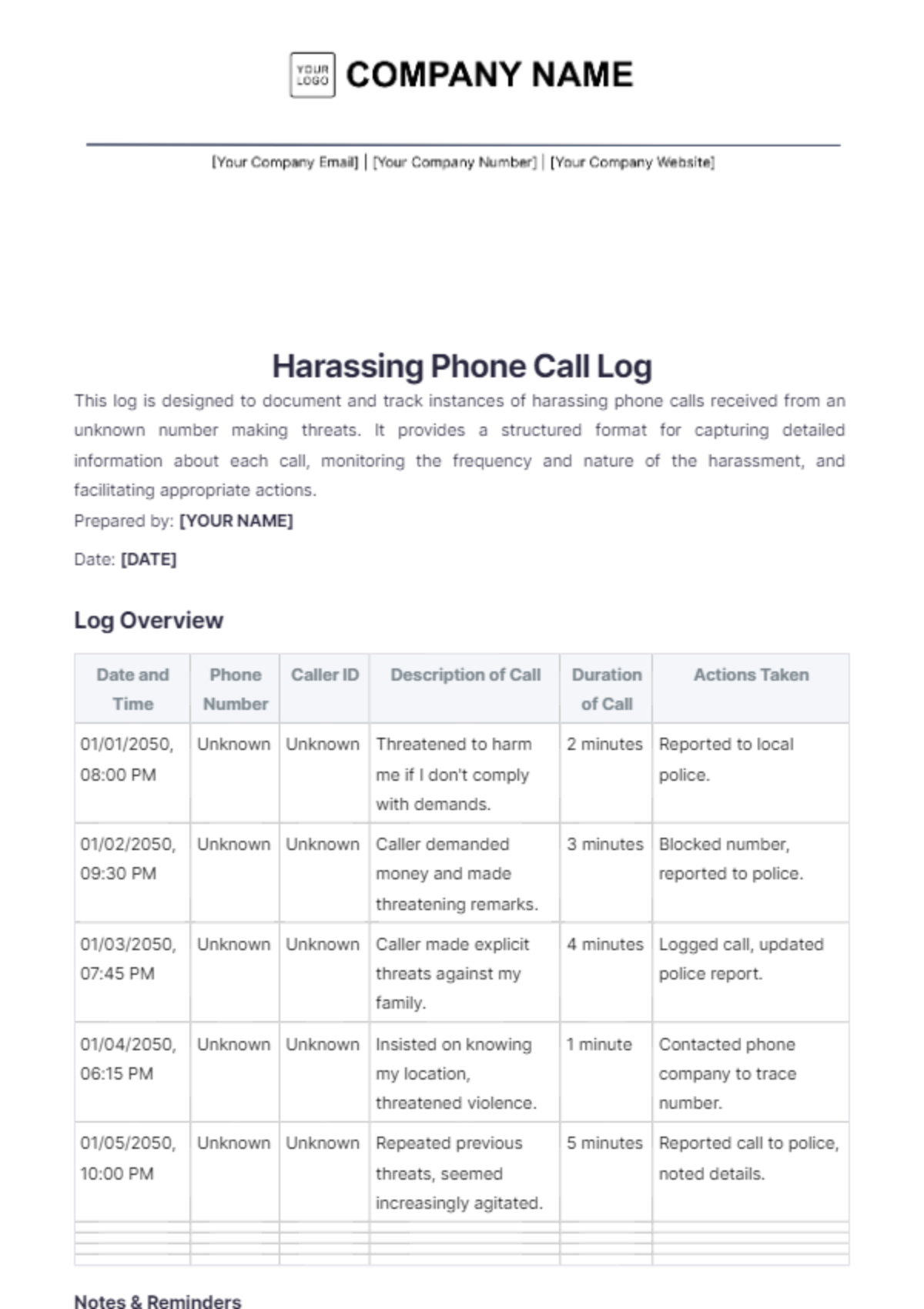 Harassing Phone Call Log Template - Edit Online & Download