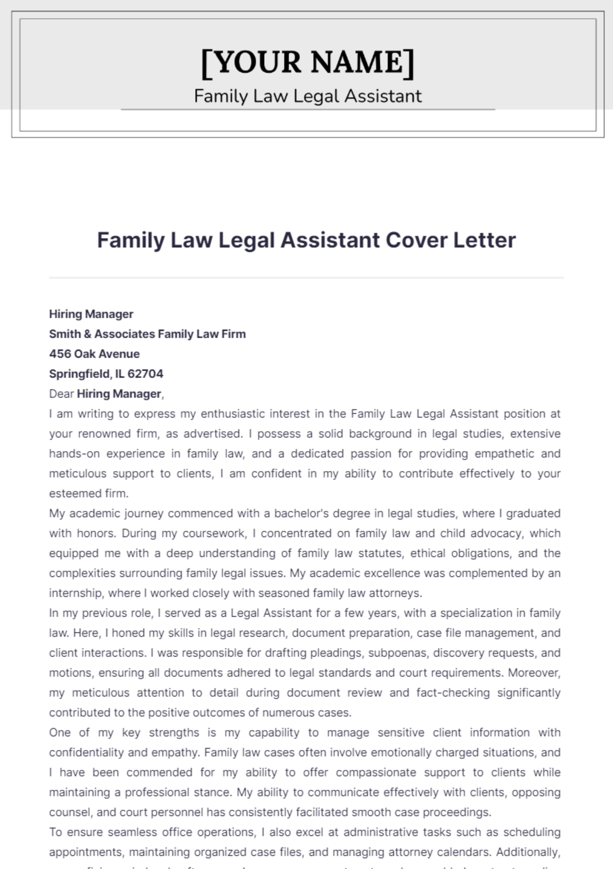 Family Law Legal Assistant Cover Letter - Edit Online & Download