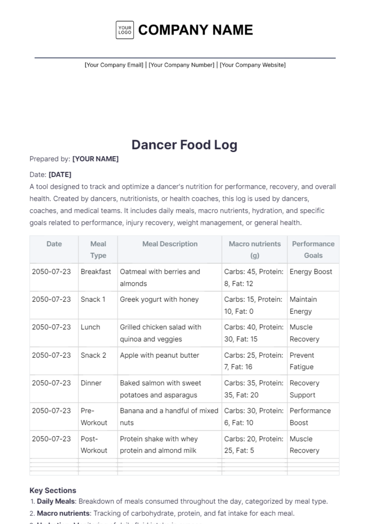 Dancer Food Log Template - Edit Online & Download