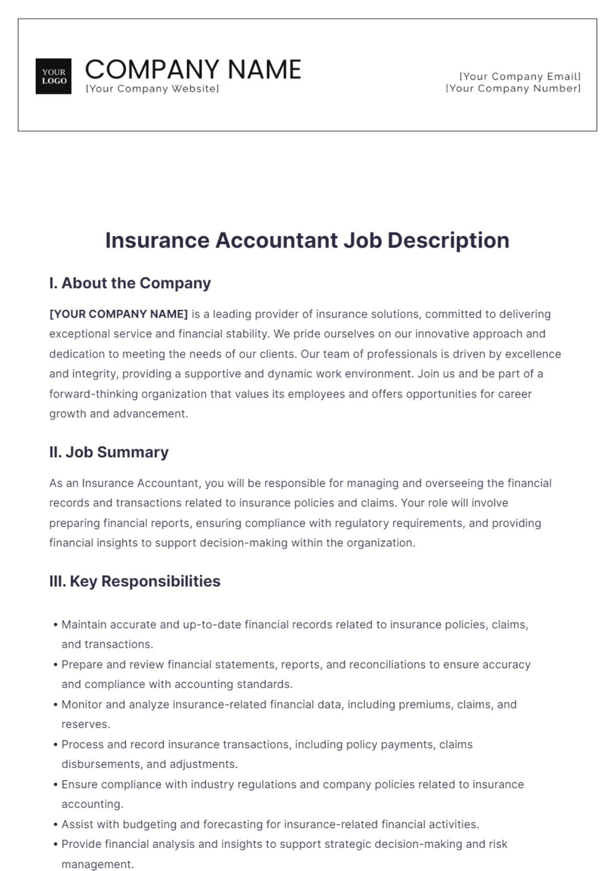 Insurance Accountant Job Description Template - Edit Online & Download