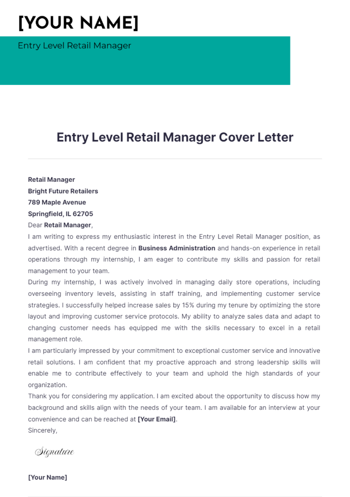 Entry Level Retail Manager Cover Letter - Edit Online & Download